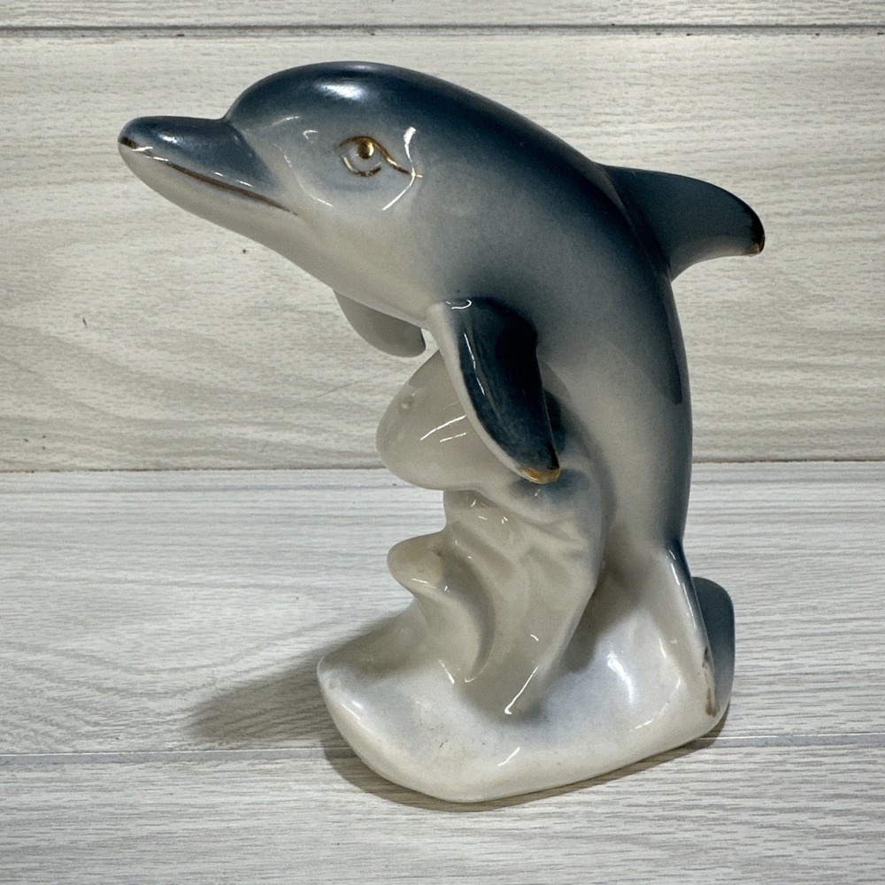 Ceramic Dolphin Figurine w/ Gold Accents 6.75 x 6 x 2.75" Ocean Nautical